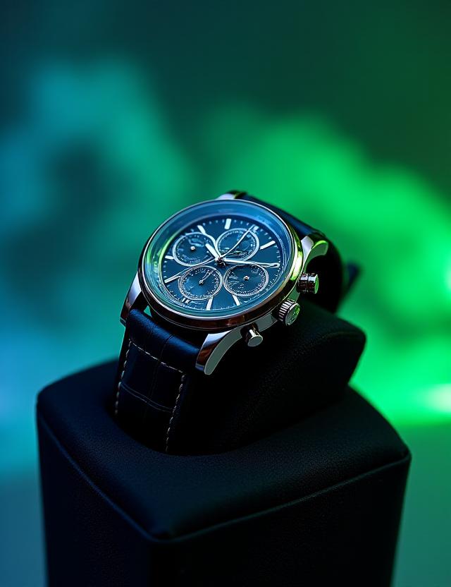 Orologio vintage di lusso restaurato su sfondo scuro con illuminazione neon
